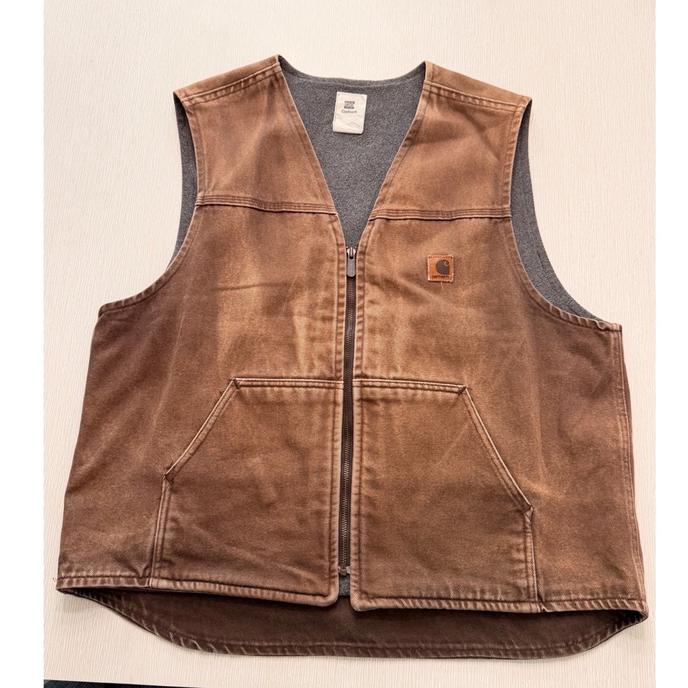 Carhartt V10 DKB Sandstone Duck Vest Mens XL Dark Brown Fleece Lined Made in USA